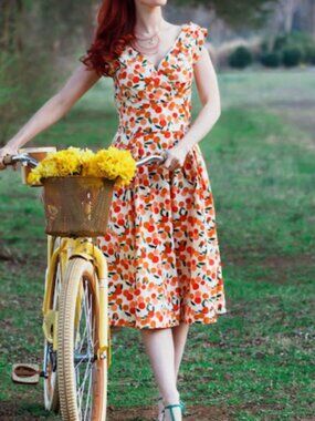 Emily and Fin Florence Summer Oranges Fruit Citrus Print Midi Dress Pockets S